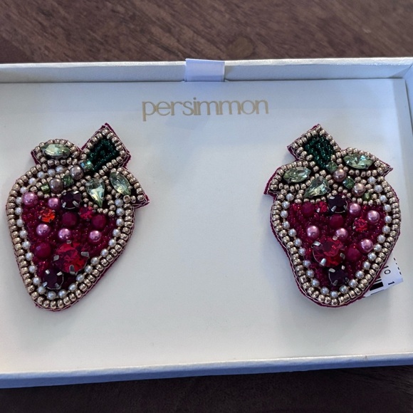 Pink and Green Crystal Beaded Strawberry Earrings - Picture 2 of 3